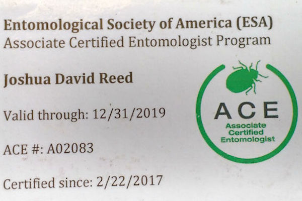 Joshua Reed's Associate Certified Entomologist License