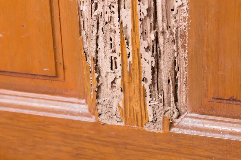 Kitchen cabinets with termite damage on the doors.