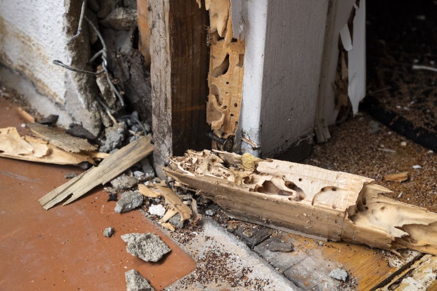 Termite damage on wood in a home during repair process.