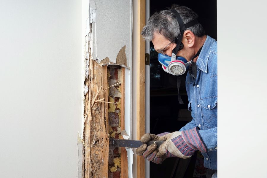A man wearing protective gear removing termite damaged wood.