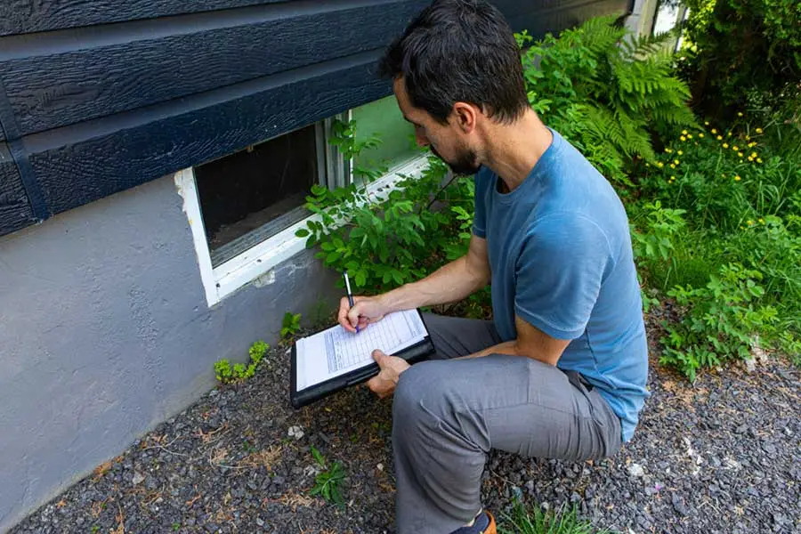 A Griffin Pest Solutions professional filling out a Wood Destroying Insect (WDI) inspection report on a clipboard while squatting outside a house in Michigan.