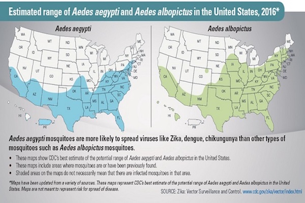 map depicting possible spread of zika in US