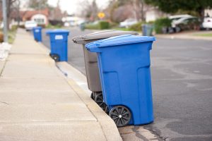 Garbage and recycling bins sitting out on curb