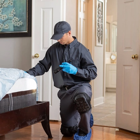 Exterminator checking bed for bed bugs - keep your home clear of bed bugs with Griffin Pest Control in Kalamazoo, MI