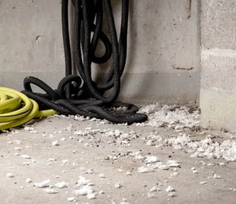 Rodent droppings and pieces of insulation from a rodent infestation.