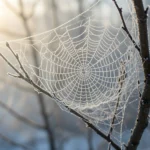 A frosty spider website outside on a tree during the winter.