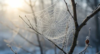 A frosty spider website outside on a tree during the winter.